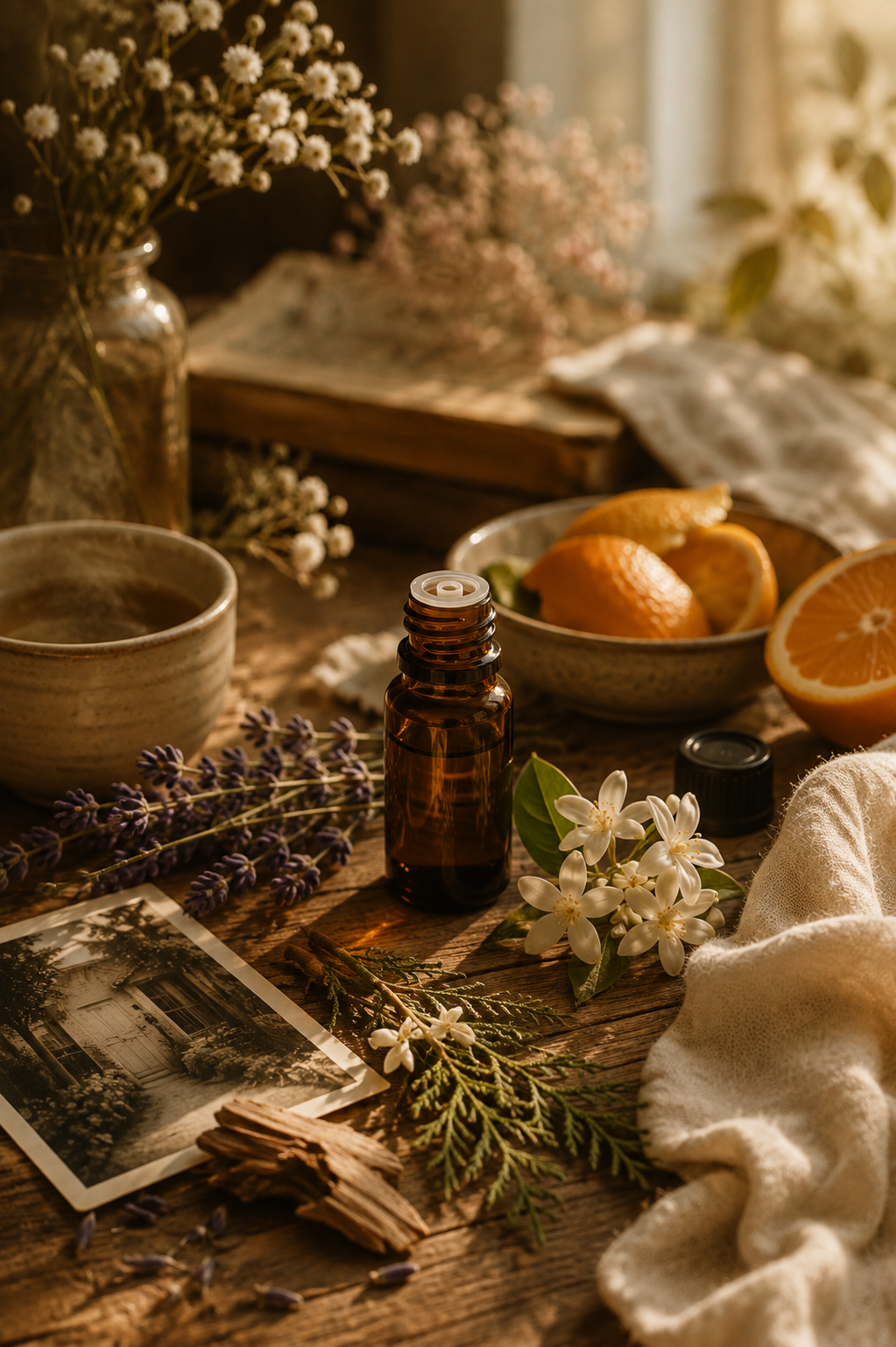 Mesa de madera con aceite esencial, lavanda, flores de jazmín, cítricos y una fotografía antigua