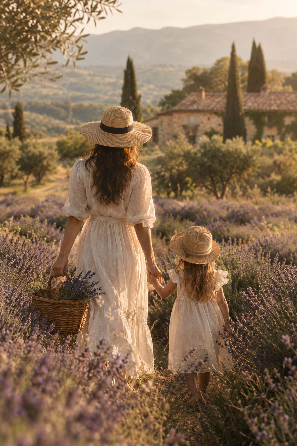 Madre e hija caminando de la mano por un campo de lavanda al atardecer