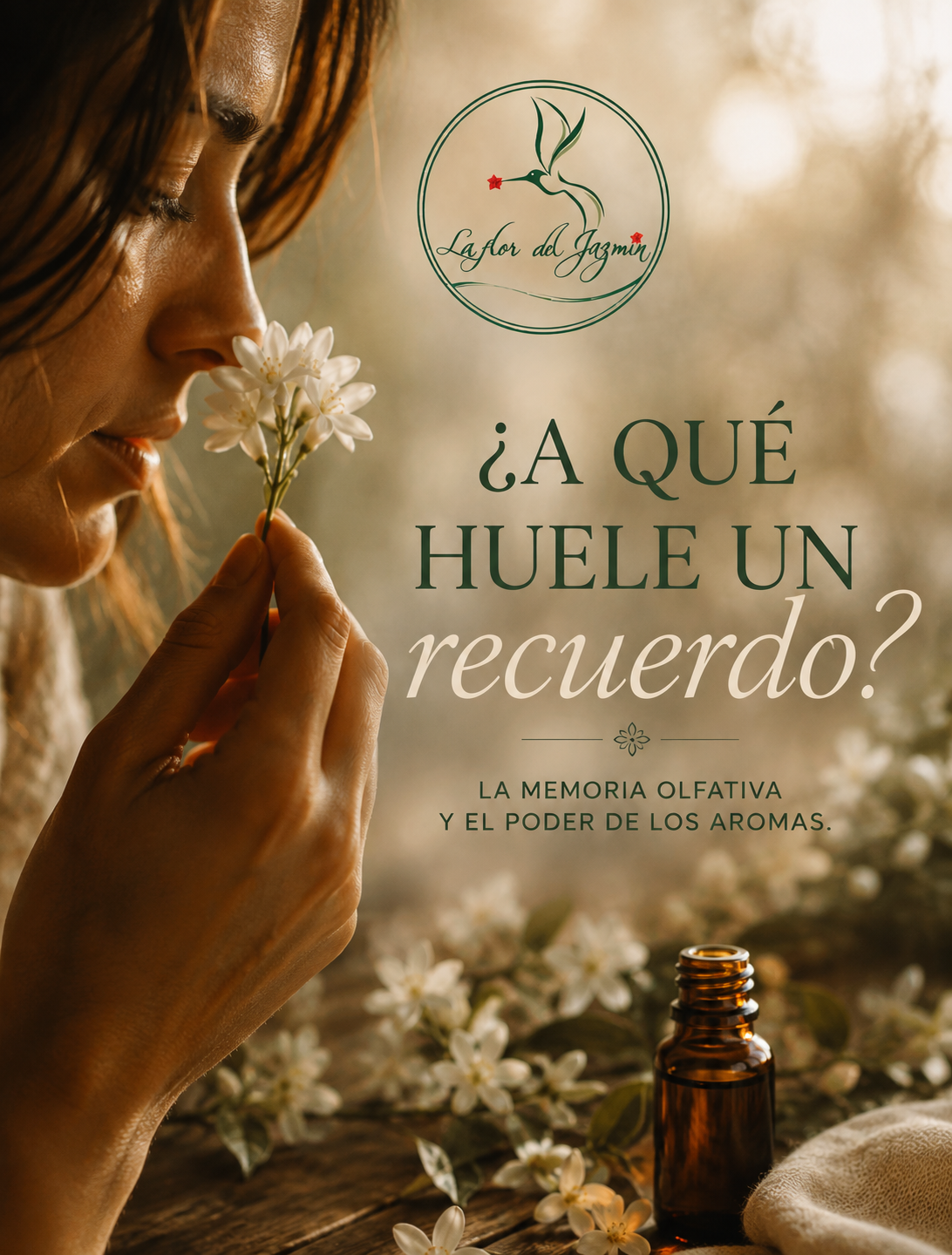 Mujer oliendo flores de jazmín junto a un frasco de aceite esencial: ¿a qué huele un recuerdo?
