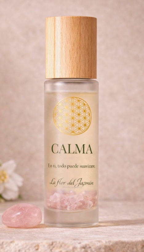 Frasco de perfume emocional Calma con turmalina rosa
