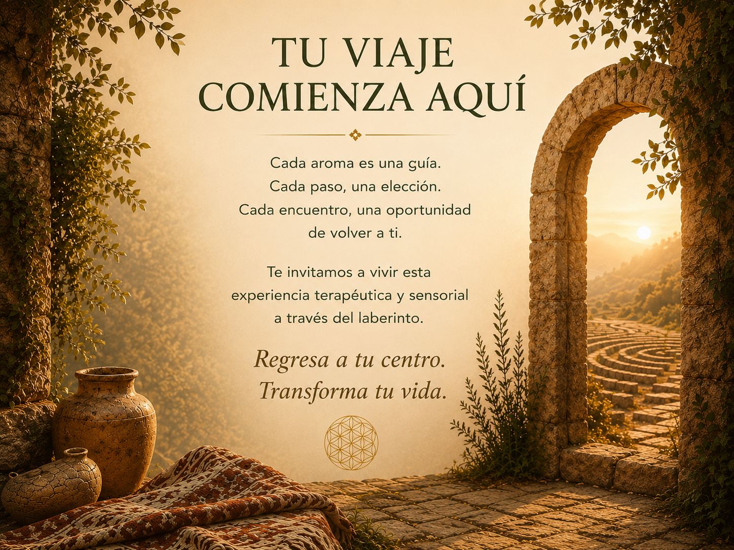 Portal de piedra hacia un laberinto al atardecer: tu viaje comienza aquí