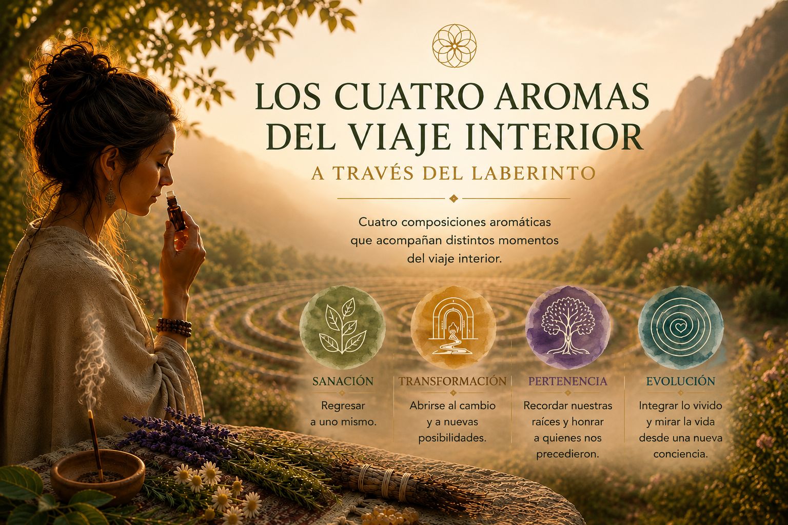 Mujer oliendo un aceite esencial frente a un laberinto de piedra al atardecer