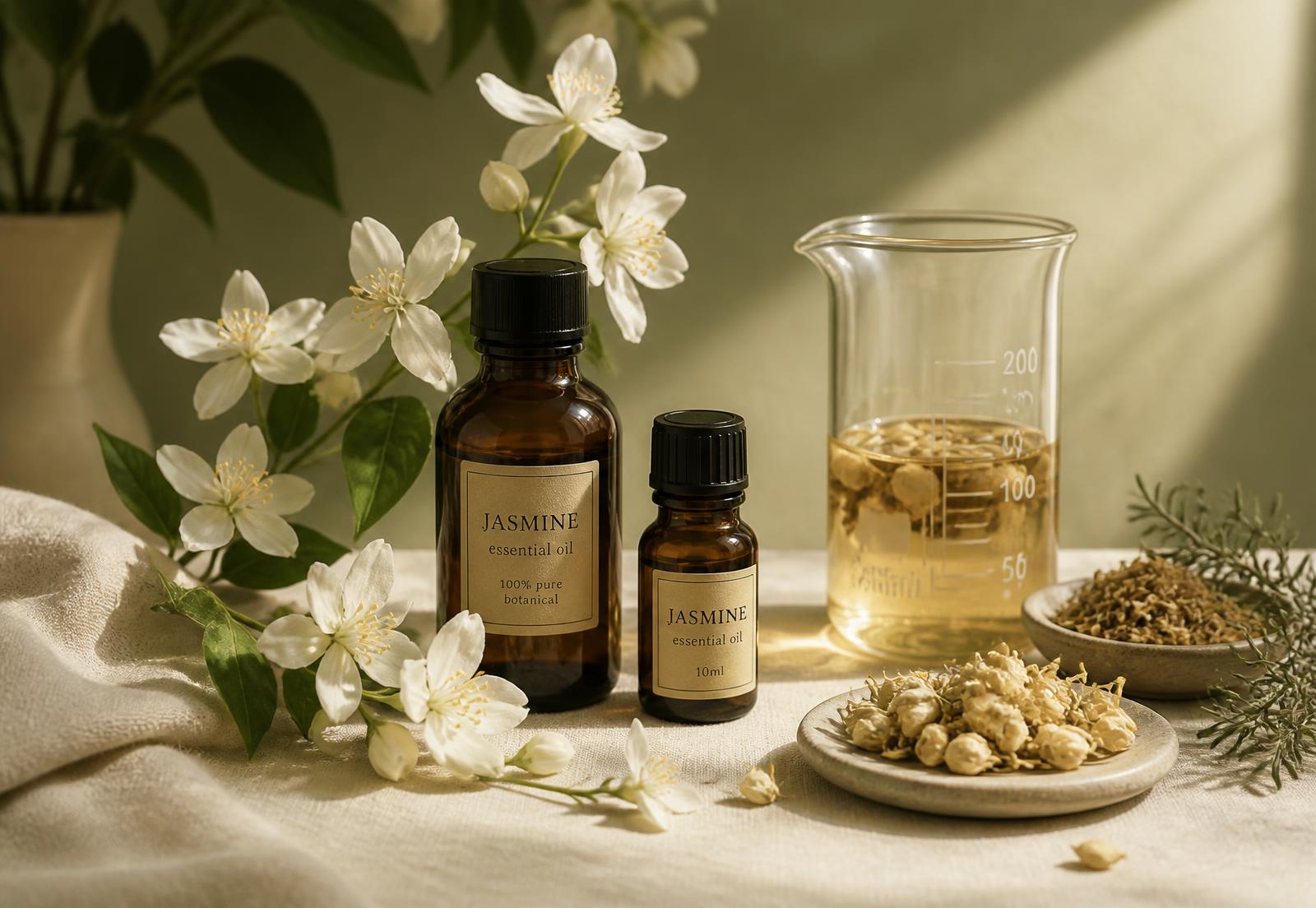 Aceites esenciales de jazmín junto a material de laboratorio